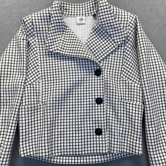 CAbi Black White Windowpane Plaid Knit Jacket Size XS 3173 Asymmetrical Button - Picture 7 of 14